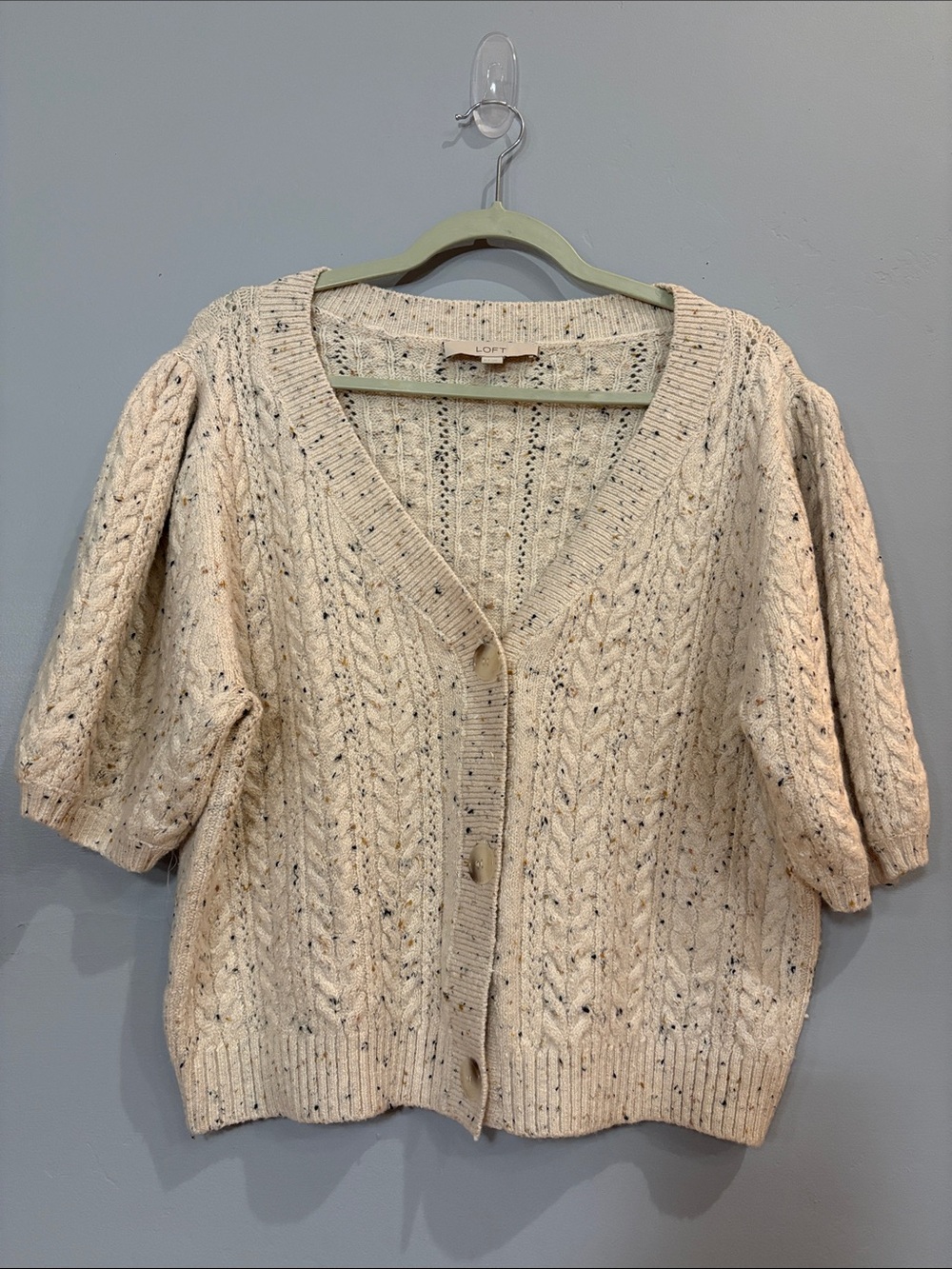 LOFT XL Petite Cream Speckled Cable Knit Puff Sleeve Cardigan Sweater